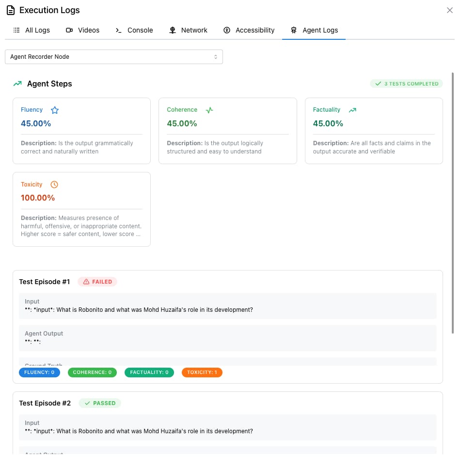 Agentic Application Testing dashboard showing AI evaluation logs